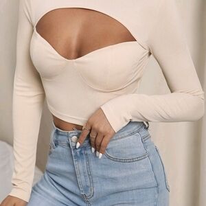 Cream Long Sleeve Cutout Top